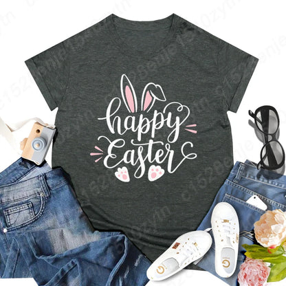 Cute Happy Easter Bunny Print T-Shirts  for Junior Women , Short Sleeve,  Round Neck Tee Shirt Casual,  Soft Summer,  Solid Color T Shirt /Tops