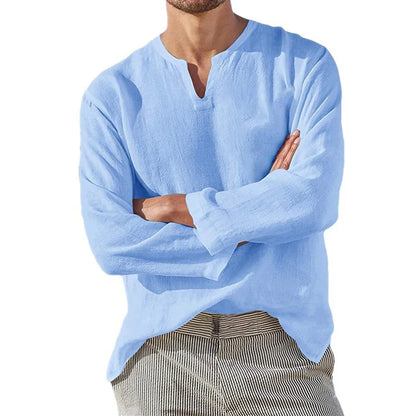 Men's Long Sleeve  / Cotton Linen Shirt.  Solid Colors,  Breathable Cozy Tops  with V -Neck Casual, Hawaiian -Style and Lightweight