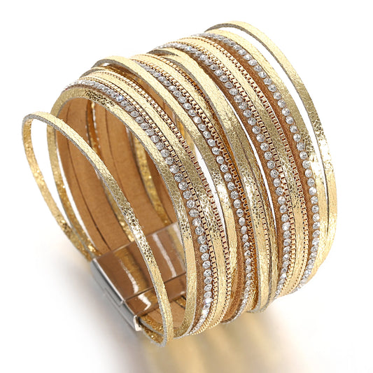 Fashion Shiny Leather Bracelet for Women /Men . Boho Luxury Multilayer Rhinestone Chain Wrap, Chunky Bangle Bracelets, unisexCharm Jewelry