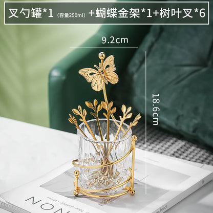 Stainless Steel Fruit Fork Spoon Set Tableware Storage Rack Golden Butterfly Cup Holder Home Dessert Cake Fork Home Decoration
