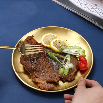6Pcs Gold Stainless Steels Round Plate Rust-Proof Shallow Tray Plate Camping Plate,  Picnic Dishes Cookware,  There are 3 sizes left.  they are 30 cm, 26 cm, and 14 cm.  14 cm is the most available.