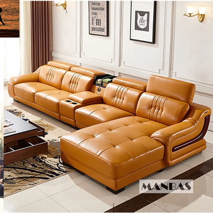 Premium Italian Genuine Leather Sofa Set.  Big Sectional Couch for Living Room,  With Adjustable Headrest