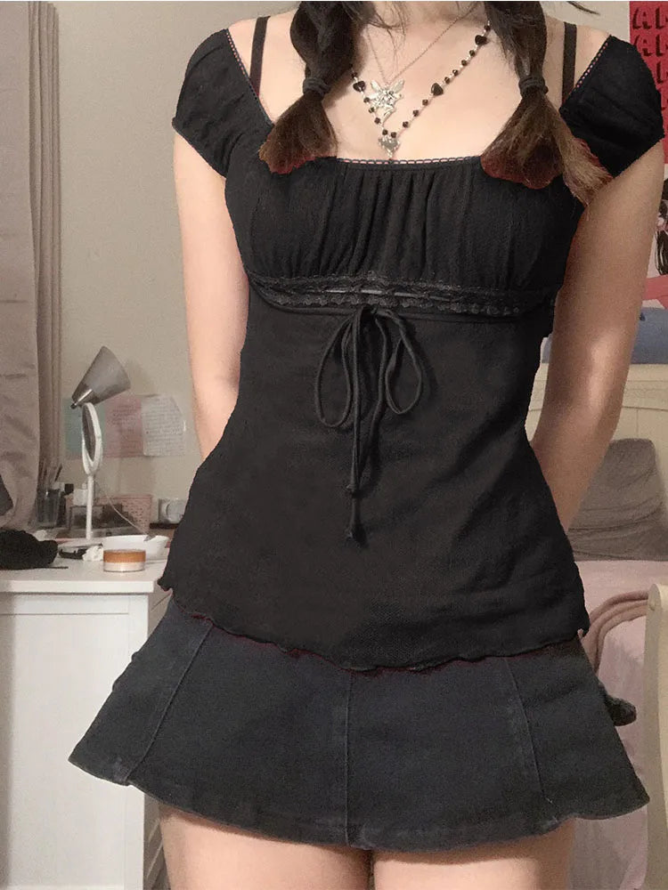 Aestheticly Sweet Lace Tops for  Women/GIRLS,  Off- Shoulder,  Drawstring T-shirt,  Female Tee Streetwear