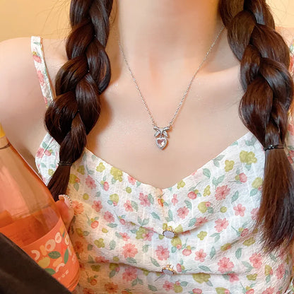 Fashion Pink Crystal Heart Bow Tie Pendant Necklace. Silver Color Chain.  Necklace for Women on Valentines for Aesthetic Jewelry