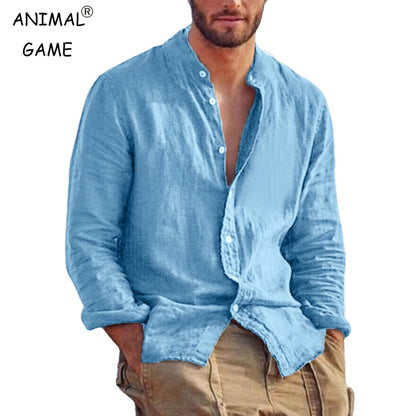 Men's Solid Colors with  Long Sleeve Shirts.  Linen/  Cotton  Trend.   Plus-sizes, Stand-up Collar,  Casual Lightweight.