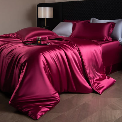 Silk Bed Sheets Set,   Luxury Bedding Set with Duvet Cover,  Fitted/Flat Bedsheet,  Pillowcases, Mixed with Rayon, King /Queen/ Full T/win