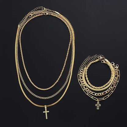 7-Piece Elegant Stainless Steel Minimalist Cross Pendant Jewelry Set for Men and  Women.  Chain Necklaces and   Bracelets .  Jewelry for Everyday Wear