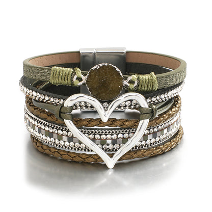 Metal Love Heart Charm,  Leather Bracelets for Women, Fashion Rhinestone Braided Wrap Bracelet , Bangle Female Jewelry Gifts