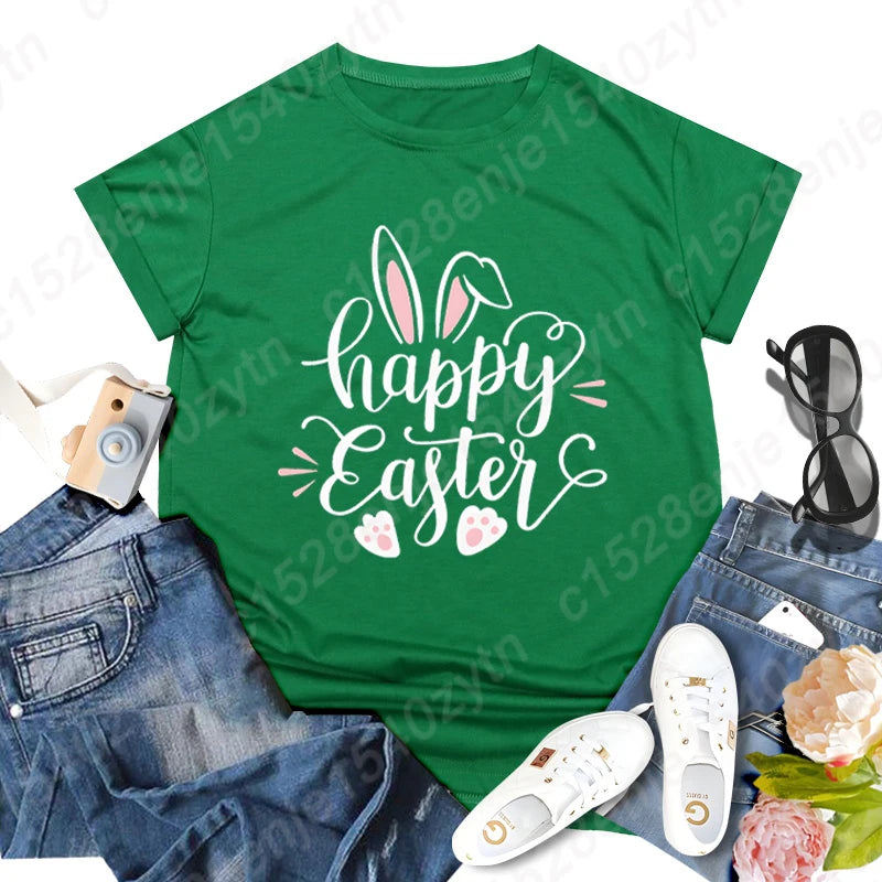 Cute Happy Easter Bunny Print T-Shirts  for Junior Women , Short Sleeve,  Round Neck Tee Shirt Casual,  Soft Summer,  Solid Color T Shirt /Tops
