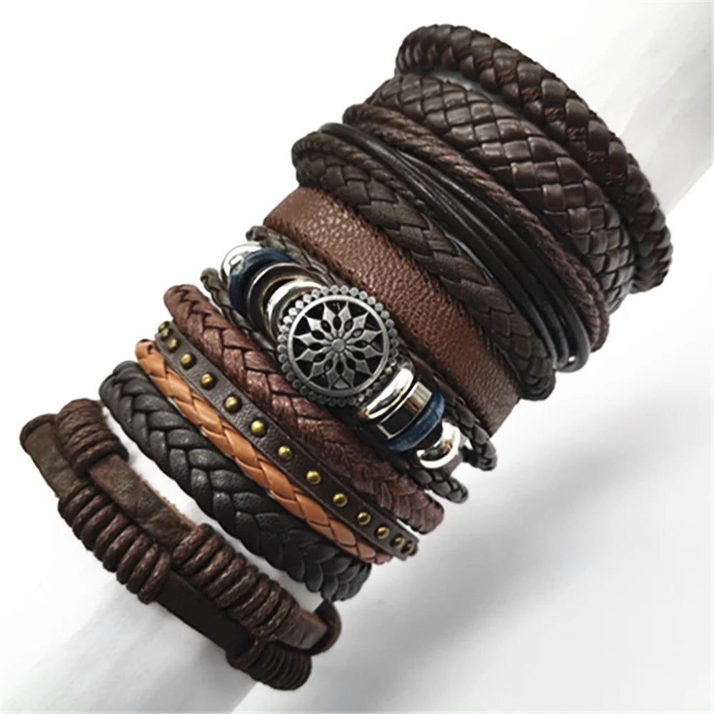 10 Pcs/set Black Wrap Woven, Handmade Mens  Bracelets. Male / Female Leather Bracelets.