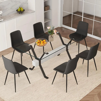 71“ Glass Dining Table Set for 6, Modern 7-Piece Dining Table Set,Rectanglular Tempered Glass Top and Metal Legs, Customized