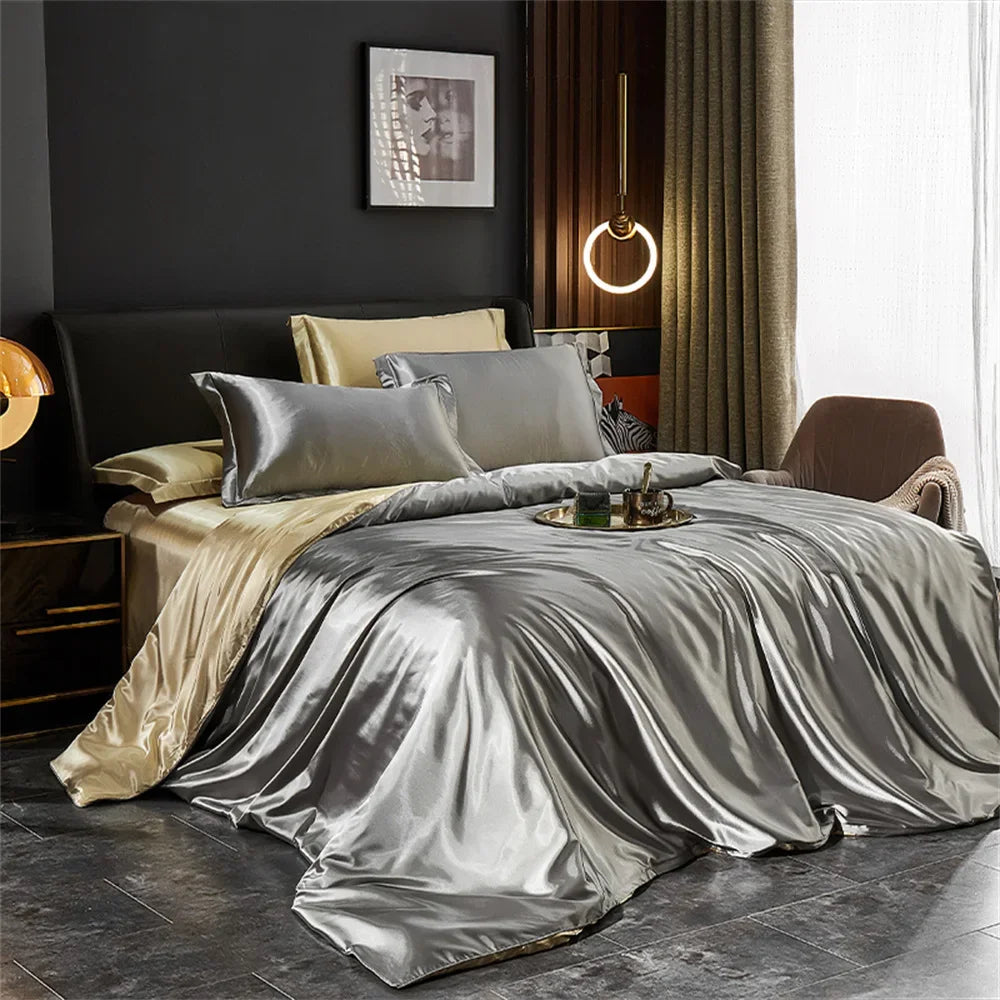 Solid Silk Bedding Set with Duvet Cover, Bed Sheet, 2 Pillowcases Luxury Satin Single Double Bedsheet King Queen Twin Size