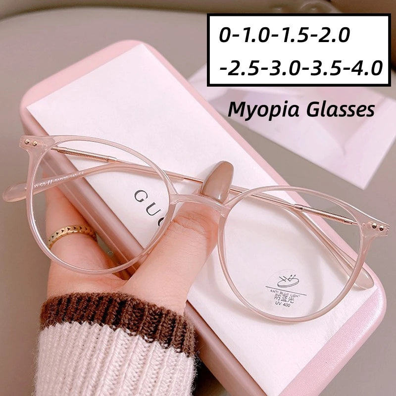Lady Trendy Finished Myopia Glasses  for Women/Men.   Round Frame Blue Light Blocking Eyewear,Unisex, Retro,  Minus Diopter Eyeglasses.  NO PINK Left,  Make syre you Check availability.  Lots of choices but a lot already gone