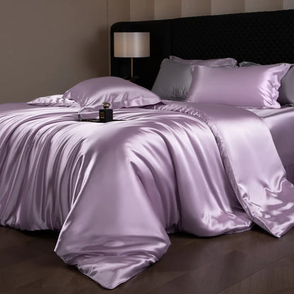 Silk Bed Sheets Set,   Luxury Bedding Set with Duvet Cover,  Fitted/Flat Bedsheet,  Pillowcases, Mixed with Rayon, King /Queen/ Full T/win