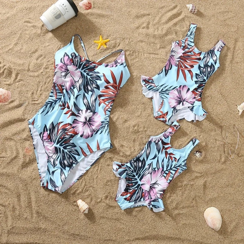 /Mom/ Daughter Swimwear,  Floral Pattern Ruffle, One-Piece Swimsuit .  Dad Son Swim Shorts,  Family Matching Outfits Beach Wear