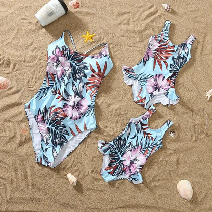 /Mom/ Daughter Swimwear,  Floral Pattern Ruffle, One-Piece Swimsuit .  Dad Son Swim Shorts,  Family Matching Outfits Beach Wear