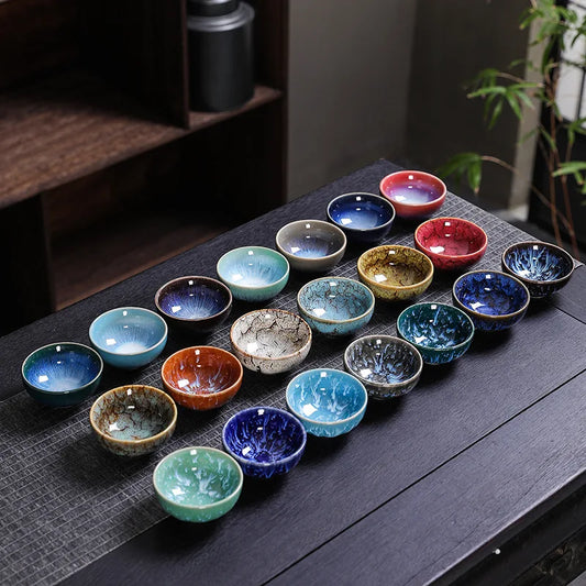Vintage Multicolor Kiln Fambe Ceramic small bowl, Teacup ( Japanese Style) Retro Handmade Tea Cup Glaze, Tea Bowl
