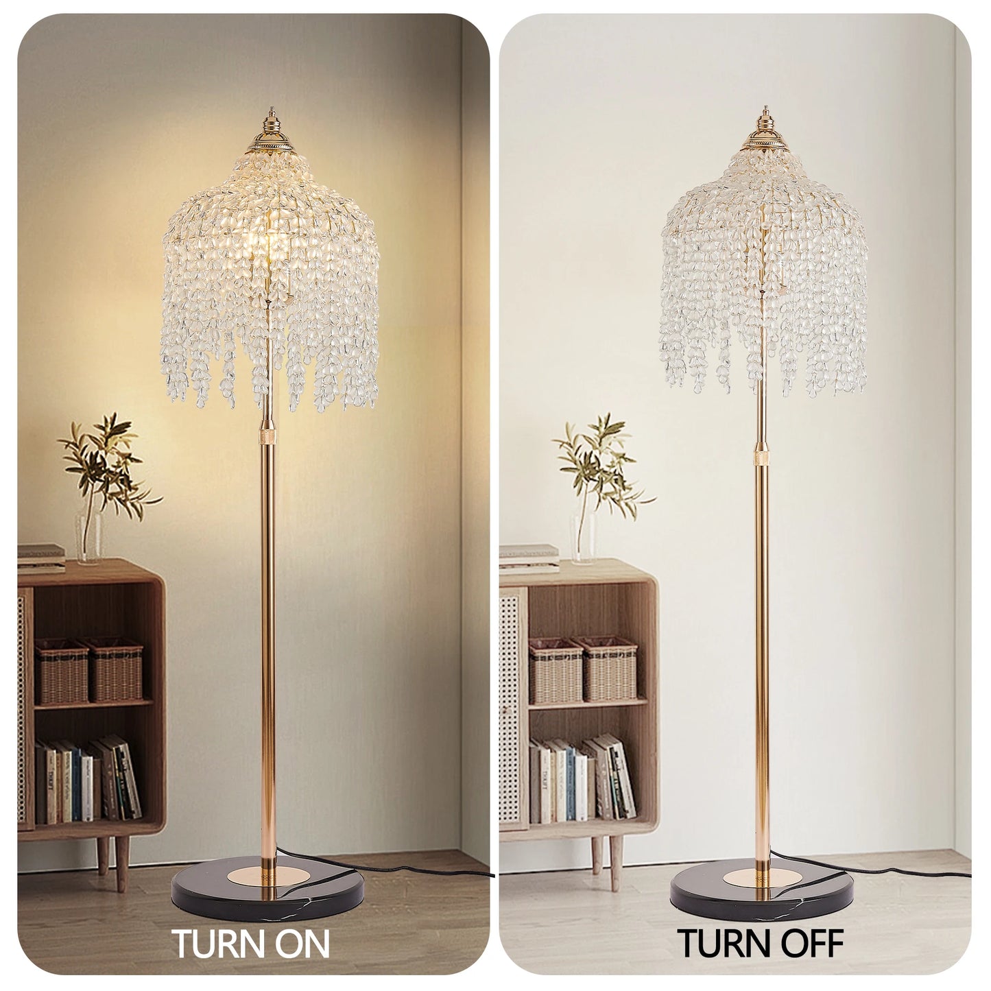 3-Light Elegant Crystal Floor Lamp (Vintage), Waterfall Design with Crystal Bead Strings and Marble Texture Base (No Bulb)