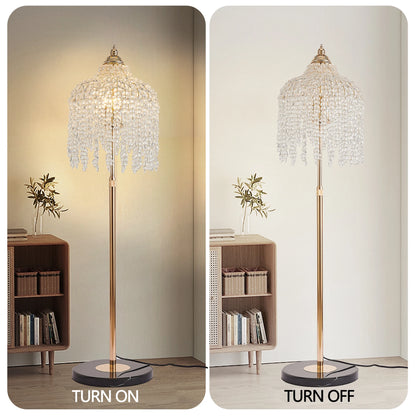 3-Light Elegant Crystal Floor Lamp (Vintage), Waterfall Design with Crystal Bead Strings and Marble Texture Base (No Bulb)