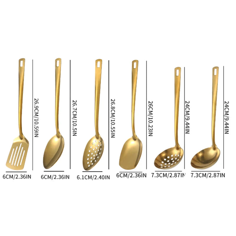 2/6pcs Stainless steel kitchenware set,  creative  golden soup spoon, colander,  hot pot spoon, cooking  and frying assists.
