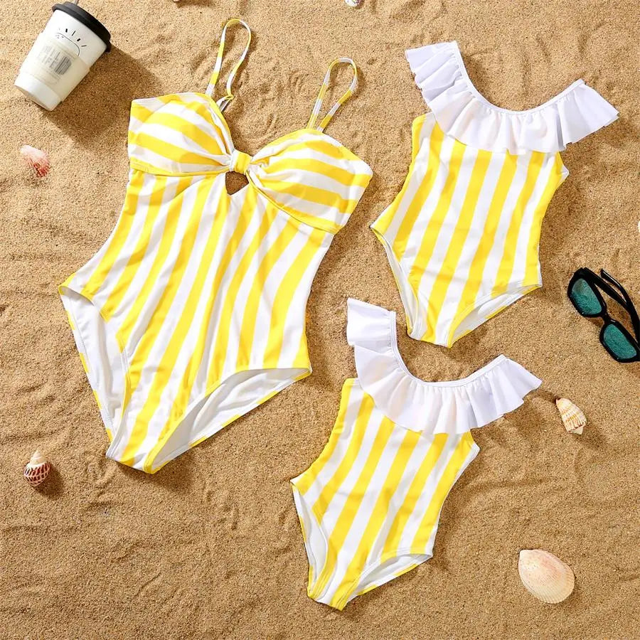 Mother- Daughter Matching Swimwear,  Ruffled and  Striped Mommy and Me Swimsuits.One-Piece Womens/ Girls Dresses