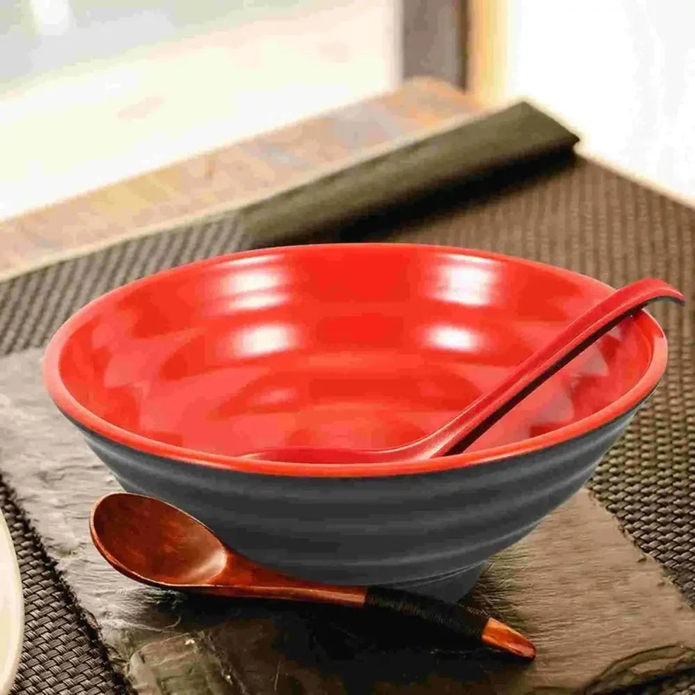 Household Melamine Ramen Bowl  with Red and Black Ring Striped Pattern.  For Fruit, Salad, Soup.   Heat Safe,  Japanese Style Soup Bowl Commercial