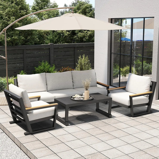 4 Seats Modern Patio Furniture Set, Sectional Sofa Conversation Set with Coffee Table, Upgraded Washable Cushions, Grey