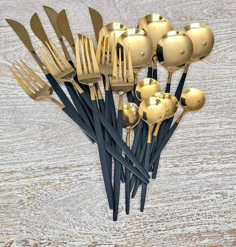 24 Piece Black and Gold Stainless Steel Silverware Set.  Perfect with the Beautiful BLACK CERAMIC Dinnerware.