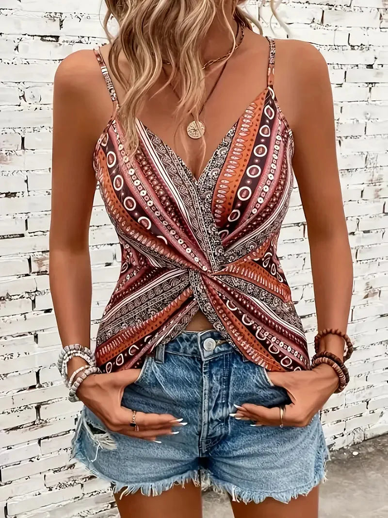 Women's sexy V-neck chain printed front,  twisted back camisole top,  made of polyester fabric with spaghetti pattern.  BROWN in S, M, and L is unavailable. BROWN IS Available in XL and XXL.  PINK is  TOTALLY available.  No o