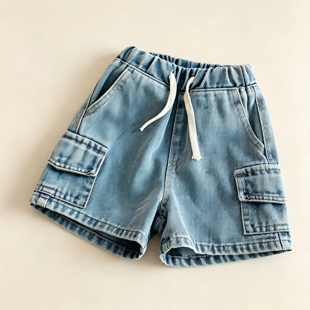 Kids Denim Cargo Shorts, 2-8Y,  Casual Summer Jeans /Bottoms  with Elastic Waistband.  Comfortable Childrens Outdoor Wea.