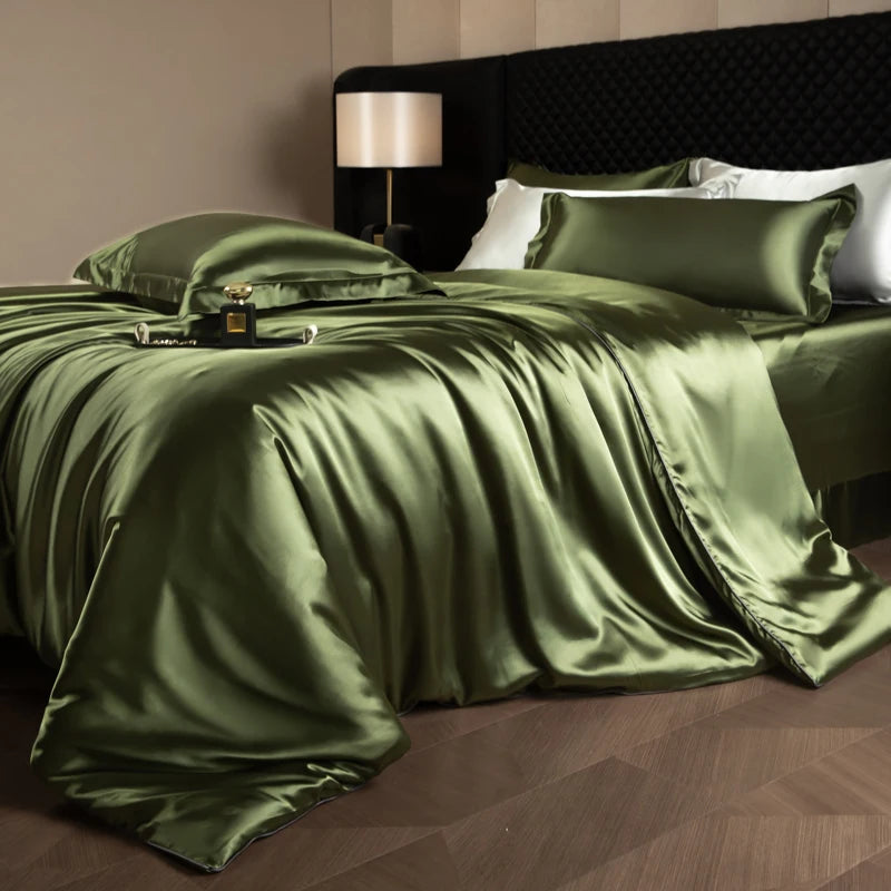 Silk Bed Sheets Set,   Luxury Bedding Set with Duvet Cover,  Fitted/Flat Bedsheet,  Pillowcases, Mixed with Rayon, King /Queen/ Full T/win