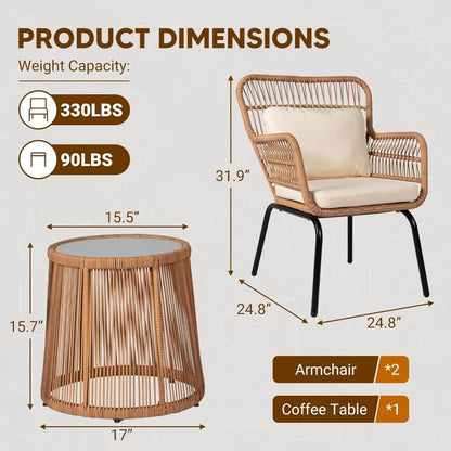 3 Piece Outdoor Wicker Bistro Set, Patio Conversation Sets w/2 Large Rattan Chairs and Tempered Glass Table, Patio Furniture. Small enough for a small porch or Garden Area