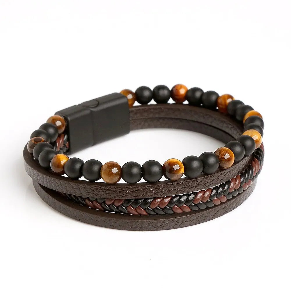 Men Leather Bracelet, Classic Fashion Tiger Eye Beaded Multi Layer Leather Bracelet For Men Jewelry Gift