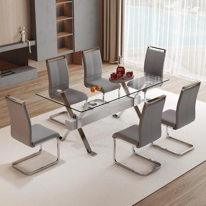 71“ Glass Dining Table Set for 6, Modern 7-Piece Dining Table Set,Rectanglular Tempered Glass Top and Metal Legs, Customized