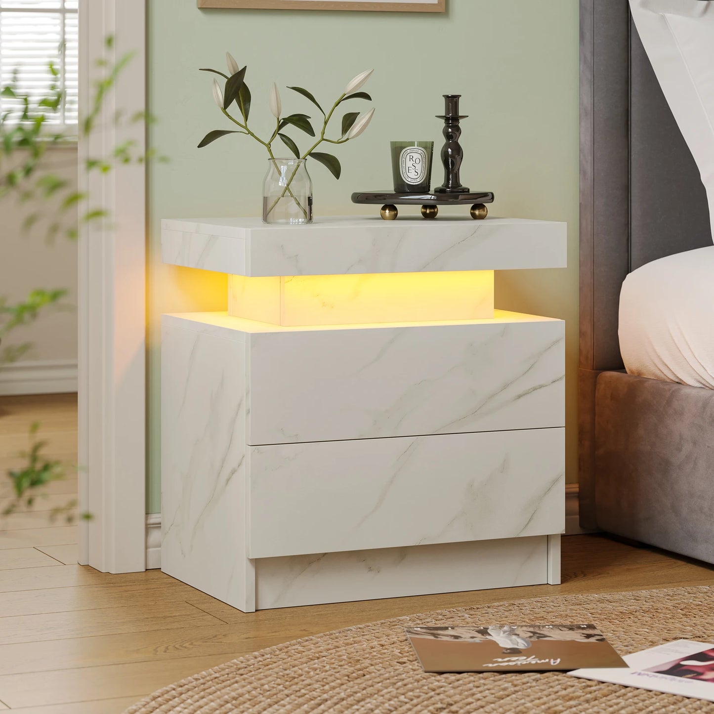 Cube LED Nightstand with 2 Drawers, End Table with RGB LED Lights for Bedroom, Living Room, in White