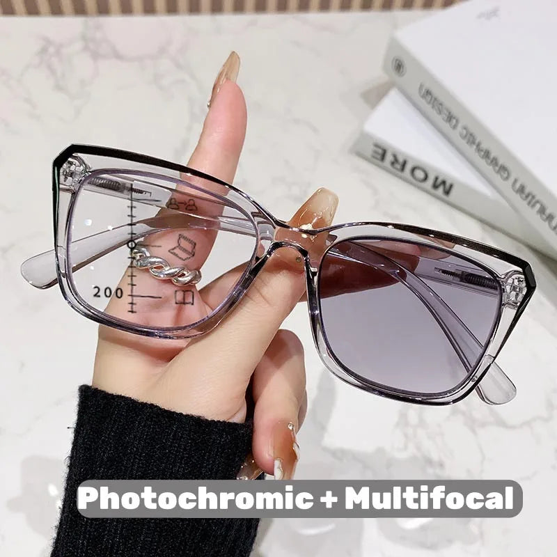 Transparent Frame, Photochromic, Multifocal Reading Glasses for Women/ Men,  Fashion Progressive,  Anti - Blue Light,  Presbyopia READERS.  THESE GLasses are LOADED with choices and features.