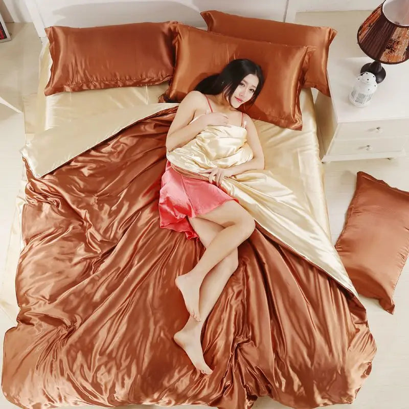 Nordic Satin Silk Bedding Set with Duvet Cover,  Bed Sheet,  Pillowcases.   Luxury Solid Single, Double, Couple Pillow Case and Bedsheet