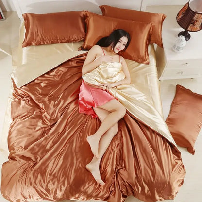 Nordic Satin Silk Bedding Set with Duvet Cover,  Bed Sheet,  Pillowcases.   Luxury Solid Single, Double, Couple Pillow Case and Bedsheet