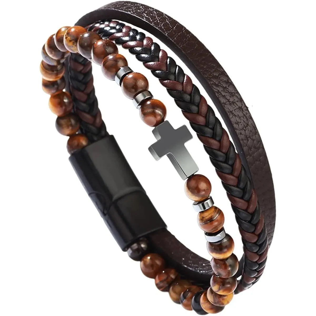 Cross Bracelet Men/Women, Multi-Strand Woven Bangle, Cuff Wristband Or Birthday Gift for Him.  The yellow-tiger eye is almost gone and the other 2 dark stones are Plentiful.