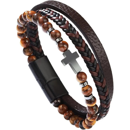 Cross Bracelet Men/Women, Multi-Strand Woven Bangle, Cuff Wristband Or Birthday Gift for Him.  The yellow-tiger eye is almost gone and the other 2 dark stones are Plentiful.