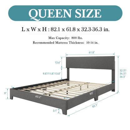 Upholstered Bed Frame with Adjustable Headboard, Soft Linen Fabric, Strong Supporting Structure, Noise-Free Allewie