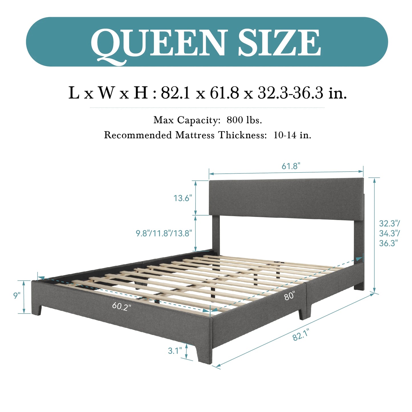Full/Queen/King Upholstered Bed Frame with Adjustable Linen Headboard, Sturdy Wood Slats & Quiet Support