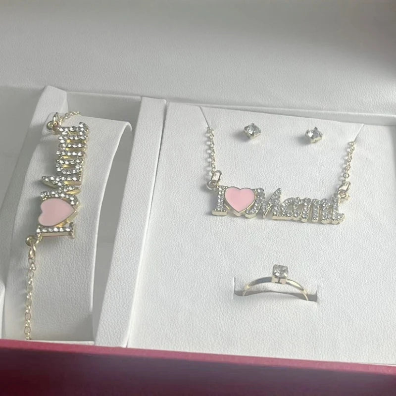 5 Pieces/set of Fashionable Sparkling Zircon Letter Pendant Necklace.  Perfect Jewelry Set for Mother's Day Jewelry Gift for Mom