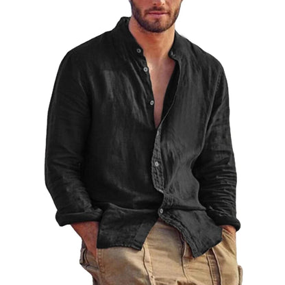 Men's Solid Colors with  Long Sleeve Shirts.  Linen/  Cotton  Trend.   Plus-sizes, Stand-up Collar,  Casual Lightweight.