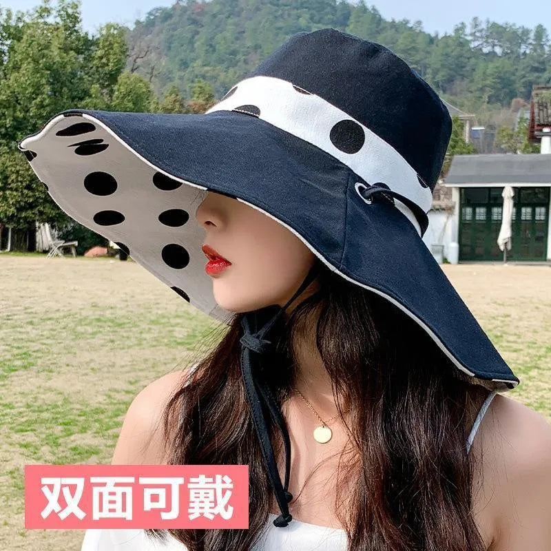 1pc Polka Dot Ribbonbucket Hat for Women, Large Wide Brim Summer Sun Hat,  Breathable Sunscreen Visor Cap for Beach, Sun,  Travel