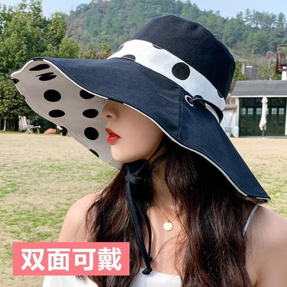 1pc Polka Dot Ribbonbucket Hat for Women, Large Wide Brim Summer Sun Hat,  Breathable Sunscreen Visor Cap for Beach, Sun,  Travel