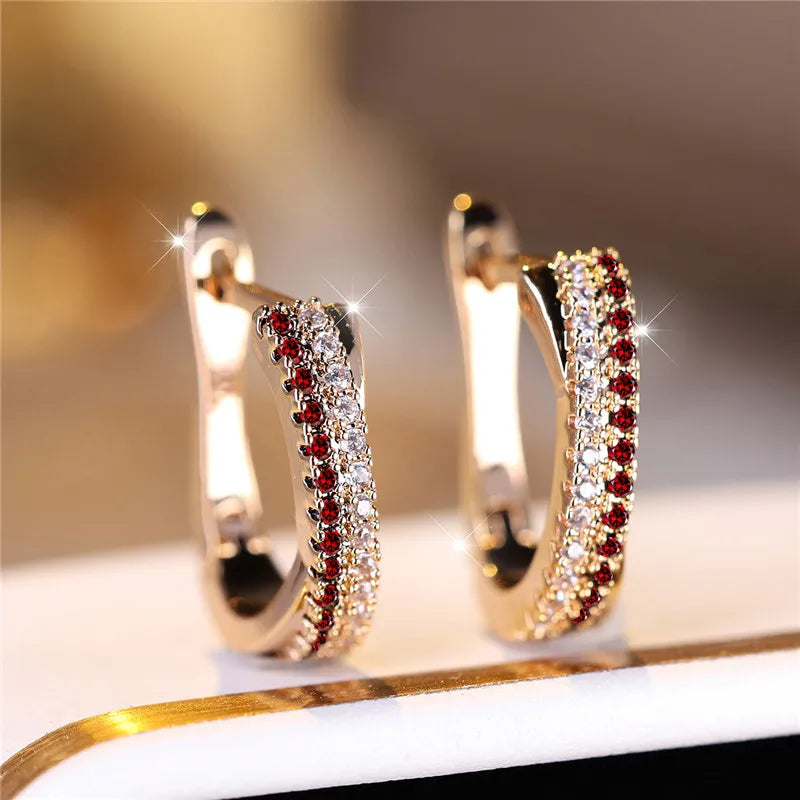 Luxury Female Red Zircon Stone Clip Earrings Charm Gold Color Weddings, MOTHERS DAY, and everday wear Jewelry For Women