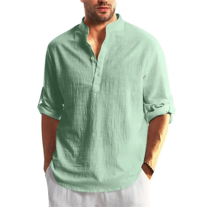 Autumn Men's Cotton /Linen Long Sleeve T-shirt Solid Color Henley Collar Lightweight Breathable Men's Casual Button Top
