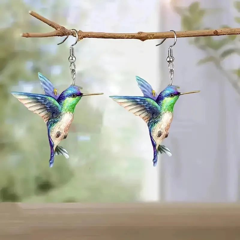 Acrylic Hummingbird Earrings For Women.  Retro Style Colorful Bird Drop Earrings.