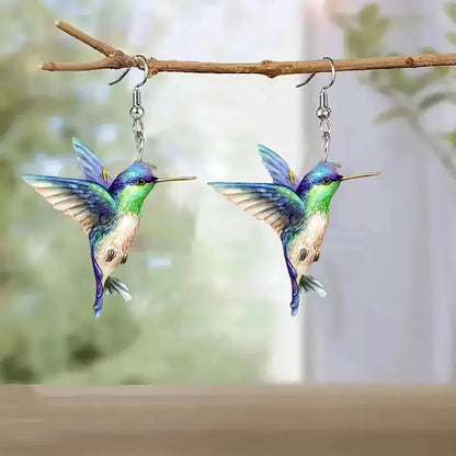 Acrylic Hummingbird Earrings For Women.  Retro Style Colorful Bird Drop Earrings.